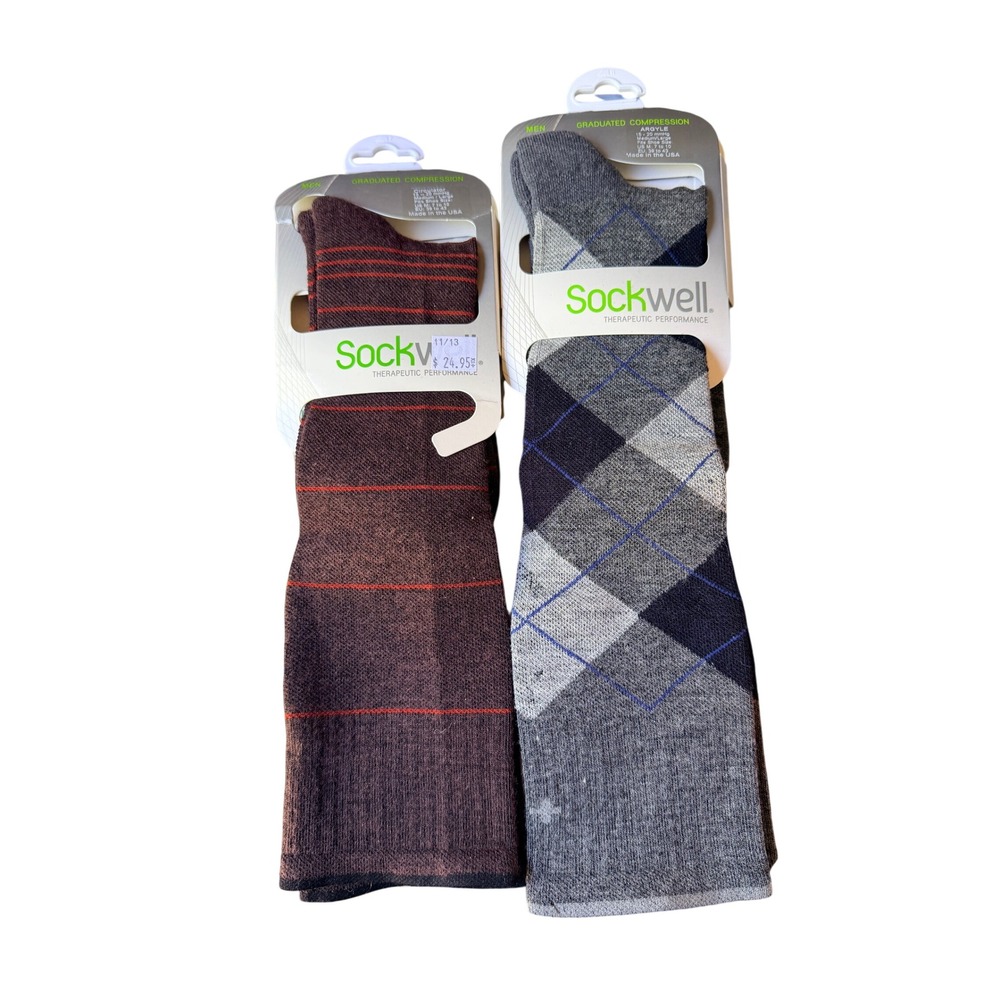 Sockwell 2 Pair Men M/L Graduated Compression Socks Argyle Striped Merino Bamboo